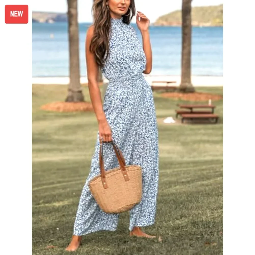 Floral Maxi Jumpsuit with Pocket Mock Neck Elastic Waist Wide Leg - Picture 6 of 7